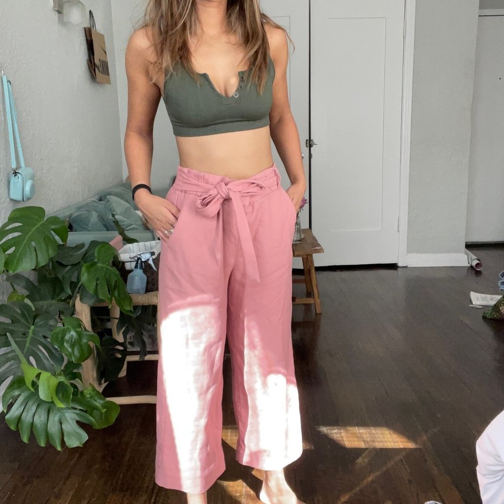 Pink Cotton Wide Leg Trousers with Belt Sz. S